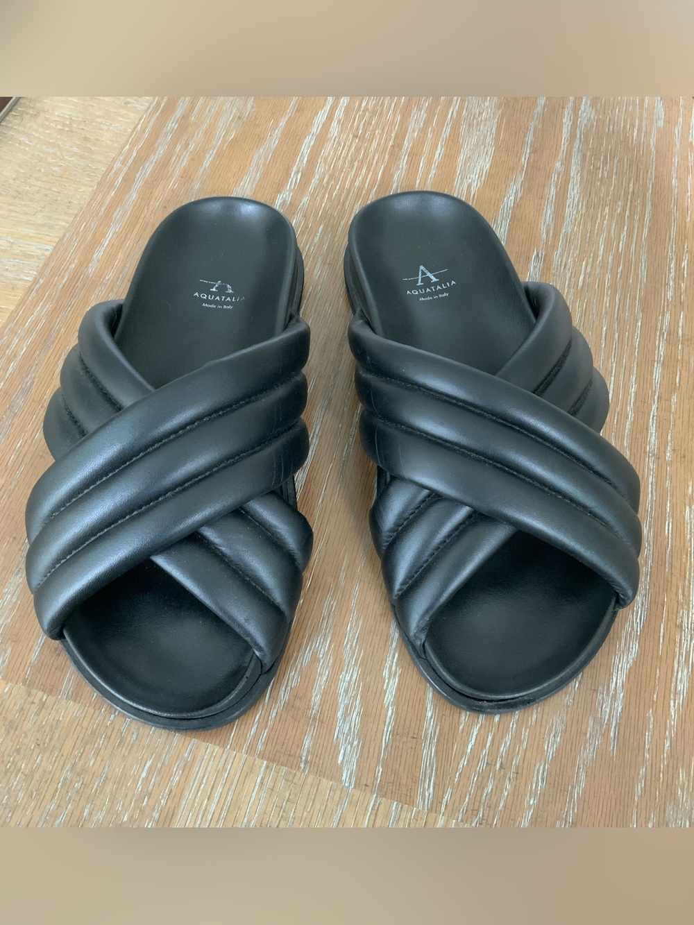 Aquatalia Leather Padded Crisscross Strap Flat Slide Sandals Slip On US 8.5